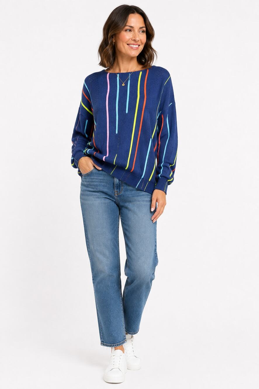 Zaket & Plover 100% Cashmere Blue Stripe Crewneck Sweater L Colorful Trim